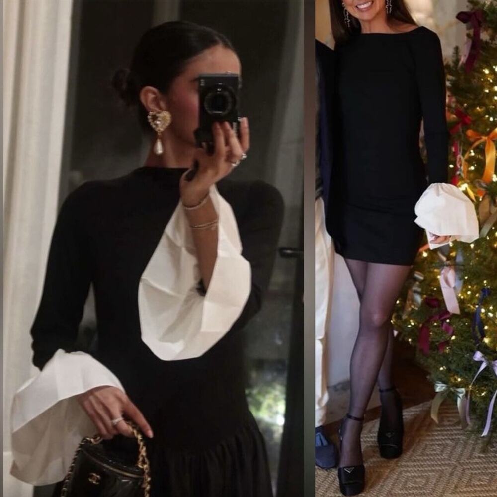 STAUD Black Long Sleeve Mini Dress with White Bell Cuffs - Picture 13 of 14